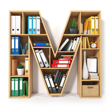 Letter M. Alphabet in the form of shelves with file folder, binders and books isolated on white. Archival, stacks of documents at the office or library.