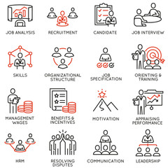 Vector set of linear icons related to engagement employee, recruitment, organizational structure, human resource management. Mono line pictograms and infographics design elements