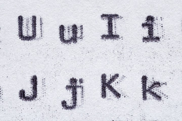 Real typewriter font alphabet with letters U, I, J, K