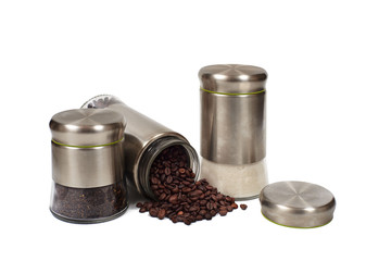 Glass jars with metal caps for coffee, tea, sugar on white background, isolated