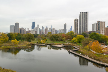 Fototapeta na wymiar Chicago downtown buildings skyline fall foliage aerial drone