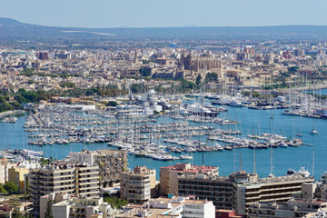 Aerial view of Palma de Mallorca port with Cathedral La Seu in the background. Mallorca, Balearic Islands, Spain © navorolphotography