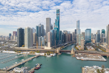 Fototapeta na wymiar Chicago downtown buildings skyline fall foliage aerial drone