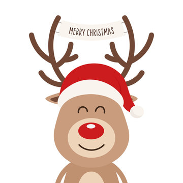 Reindeer red nosed cute cartoon with greeting banner isolated white background. Christmas card