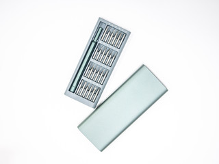 Set of screwdrivers in a box. Isolated. Top view