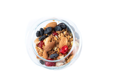 Mix of dried fruits and nuts. Mix of nuts in a glass.