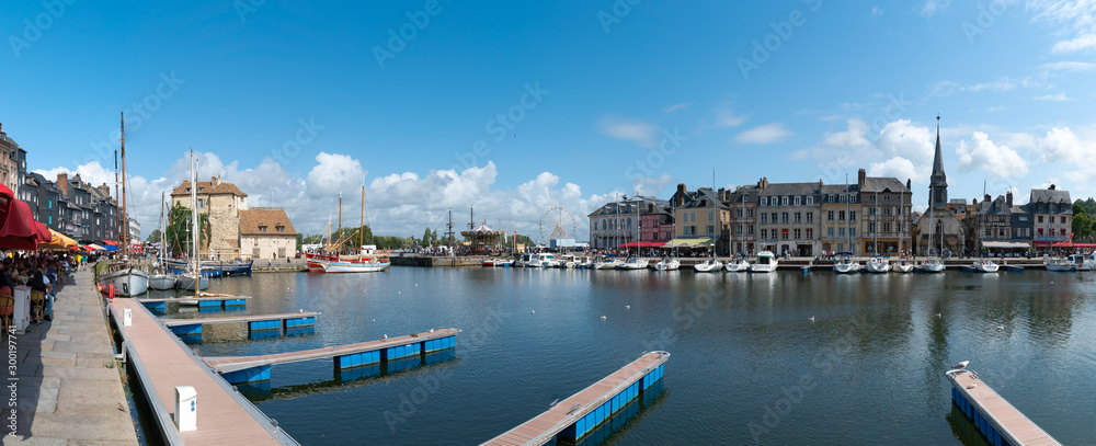 Wall mural panorama view of fishing boats in the old town and Vieux Bassin district of Honfleur