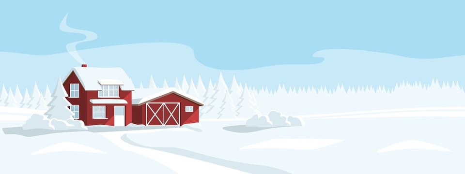 Red House In A Snowy Forest. Winter Wonderland. Vector Banner Template