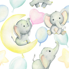 Cute baby elephants surrounded by balloons, watercolor drawing, on white background. Seamless pattern. For children's holiday, digital paper, and invitations.