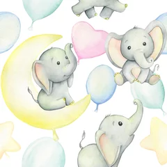 Acrylic prints Elephant Cute baby elephants surrounded by balloons, watercolor drawing, on white background. Seamless pattern. For children's holiday, digital paper, and invitations.