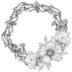 Bright black and white floral floral frame with magnolia flowers.