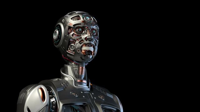 3d rendering of very detailed humanoid cyborg or futuristic robot rotating his head and looking at something in the darkness. Isolated on black background with alpha
