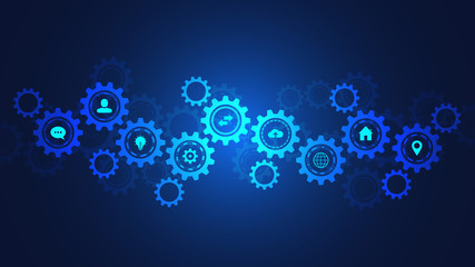 Information technology with infographic elements and flat icons. Cogs and gear wheel mechanisms. Hi-tech digital technology and engineering. Abstract technical background.