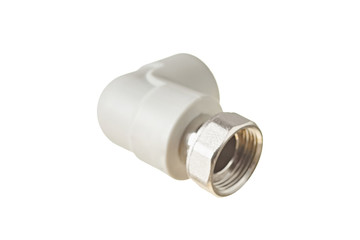 Polypropylene, plastic corner of 90 degree with metal nut for connecting pipe for water or other liquid for heating room isolated on white background without shadow. Close-up