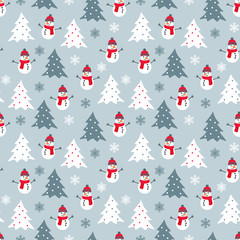 Winter seamless pattern with white, grey and red snowman, christmas trees and snowflakes. Graphic design element for wrapping paper, prints, scrapbooking, simple cartoon EPS10 vector.