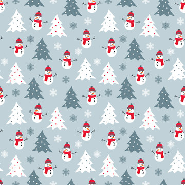 Winter seamless pattern with white, grey and red snowman, christmas trees and snowflakes. Graphic design element for wrapping paper, prints, scrapbooking, simple cartoon EPS10 vector.