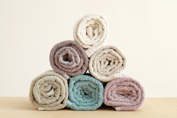 Soft clean towels on light background