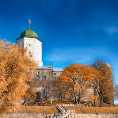 the tower of St. Olav of the Vyborg castle on the island  on a sunny autumn day