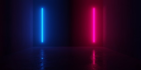 Abstract blue and red glowing neon light tubes in empty concrete room with shiny reflective floor © Shawn Hempel
