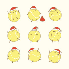 Collection of cute funny tennis balls for Christmas design of flyers, banners, covers. Balls with a hat of Santa Claus. Kawaii style..