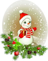 Snowman in a hat and a red scarf with a gift box in his hand, holly and spruce tree. Isolated  vector illustration for postcard. The snow man on Christmas day, Merry Christmas and Happy new year