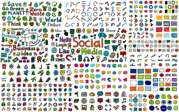 Huge mega collection of color hand drawn doodle icons - social, business, web and internet, buttons, frames, nature and ecology, speech bubbles, arrows and many other design elements. Doodles bundle.