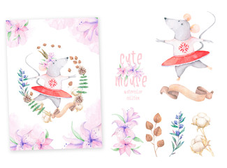 Cute watercolor Mouses birthday greeting cards, posters for baby room, baby shower, invite, kids and baby t-shirts and wear. Hand drawn nursery illustration. Funny animal and cotton