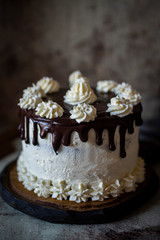 Biscuit chocolate vanilla cake on a beautiful wooden stand