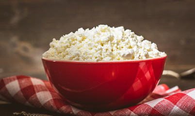 Cottage cheese, tvorog,  in a red bowl, dark wooden background