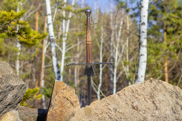 sword in stone against the background of the forest.
