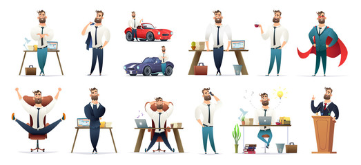  Bearded charming business men in different situations and poses. Manager character design. Businessman collection.