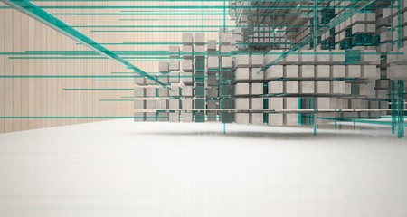 Abstract architectural wood and glass interior from an array of cubes with large windows. 3D illustration and rendering.