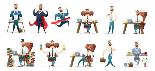 Fototapeta na wymiar Bearded charming business men in different situations and poses. Manager character design. Businessman collection.