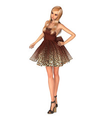 Teen anime style girl in dress, looking at something, isolated on white. 3D rendering.