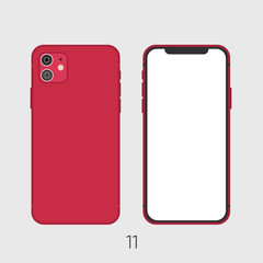Newly released Red Smartphone 11, frond and back sides isolated on gray. Vector Illustration 