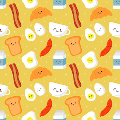 seamless pattern funny breakfast food and drinks characters kawaii style isolated on cream background. illustration vector.