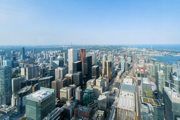 Aerial view of Toronto City Skyscrapers, Looking northeast from top of CN Tower toward East York...