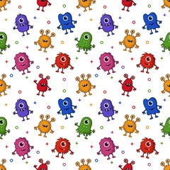Tapeten nahtlose Muster niedliche lustige Monster-Cartoon isoliert auf weißem Hintergrund. Abbildung Vektor. © Sathaporn