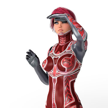 Woman In Sci Fi Costume Standing, With Hand Above Her Eyes. Isolated On White. 3D Rendering.