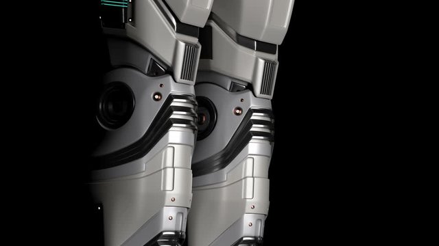 Complete close-up view of futuristic robot man. Camera moving from the bottom to the top showing 3d rendered parts of cyborg design with alpha channel.