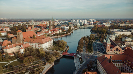 Fototapeta premium Aerial view of Wroclaw on a sunny misty autumn morning
