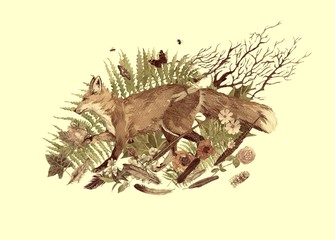 Hand drawn watercolor illustration with fox running, leaves, flowers, leaves.