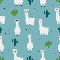 Fototapeta na wymiar seamless patterns cute animals llama or alpaca with cactus isolated on blue background. Vector illustration