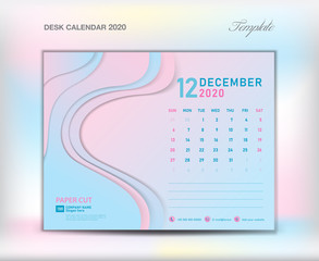 Desk Calendar 2020 template on paper cut abstract background, December 2020, vector illustration, Week starts Sunday, planner, month artwork, printing media, trendy pastel color, creative idea artwork