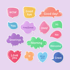 Vector set of hand drawn color think and talk speech bubbles with message, greetings and dialog. Stickers. Isolated