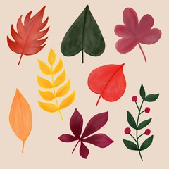 set of autumn leaves, watercolor saturated colors, for wallpaper, textile, packaging.