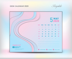 Desk Calendar 2020 template on paper cut abstract background, May 2020, vector illustration, Week starts Sunday, planner, month artwork, printing media, trendy pastel color, creative idea artwork