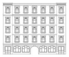 Detail front view house facade building outline contour with shop street panorama, windows, doors and pillars. Vector line art illustration isolated on white