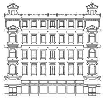 recommend clip art: Detail front view house facade building outline contour with shop street panorama, windows, doors and pillars. Vector line art illustration isolated on white