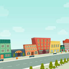 Obraz na płótnie Canvas Funny cartoon cityscape street panorama with houses shop road bench hydrant, horizontally vector illustration clip art